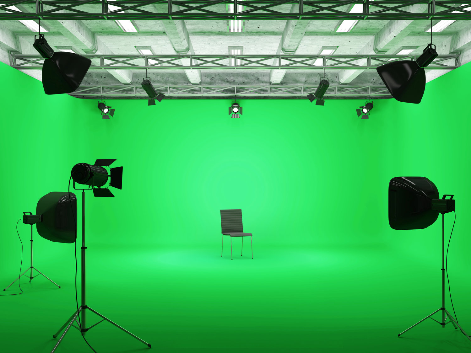 Pavilion Interior of Modern Film Studio with Green Screen and Light Equipment